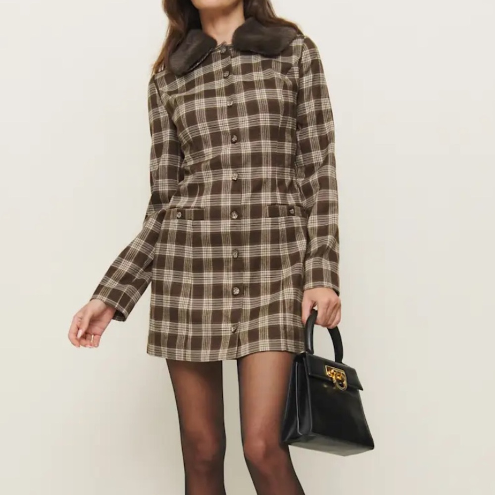 Reformation Penna Plaid Brown Plaid Mini Dress NWT